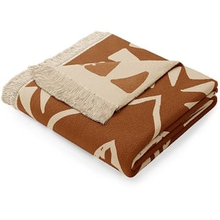 AmeliaHome Kuscheldecke 150x200 cm Decke mit Fransen Tagesdecke aus Baumwolle Boho Ethno Muster Braun Beige Zaria Navajo