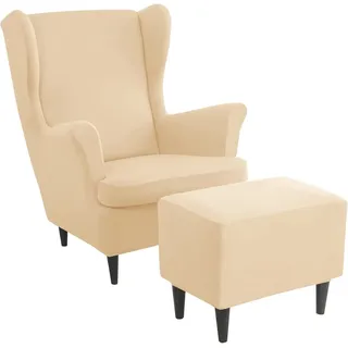 Ohrensessel überzug mit Hocker Bezug, 2 Teilig Sessel-Überwürfe+1 Teilig Ottomane Schonbezug, Beige/Grün/Rosa/Blau Ohrensessel Schonbezüge Sesselhusse Stretch Tiger Stuhlbezug mit Armlehne ( Color : #