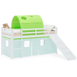 Homestyle4u Hochbett 90/200 cm in weiß Rutsche Bettvorhang Tunnel Grün , Weiß, Hellgrün , Textil , 90x200 cm , Babymöbel & Kindermöbel, Kinderzimmer & Jugendzimmer, Kinderbetten, Hochbetten