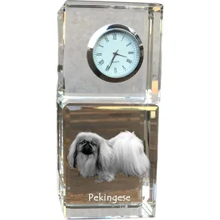 Pekingese, Pekinese, Peking-Palasthund - Kristalluhr mit Foto, Hundebild im Kristall, personalisierte Schreibtischuhr von Art-Dog. - Transparent