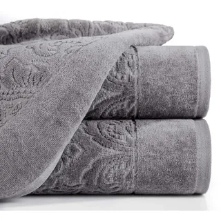 Eurofirany Handtuch Baumwolle Silber Weich Metallische Naht Bordüre Set 3-er Pack Oeko-Tex Jacquard Muster, Grafit, 70X140 cm, 6