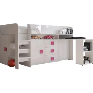 Etagenbett für Kinder Toledo 1 Stockbett mit Treppe und Bettkasten (Weiß + Weiß Glanz + rosa Griffe)