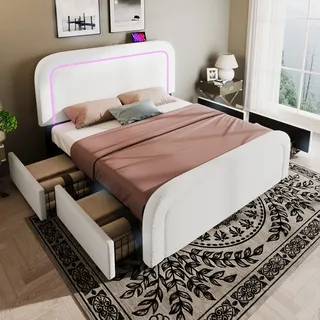 Abrihome Polsterbett aus Sherpa-Stoff mit LED und USB Typ-C Ladefunktion, 4 Schubladen, Höhenverstellbares Kopfteil, 140x200 cm, Weißes - Weiß