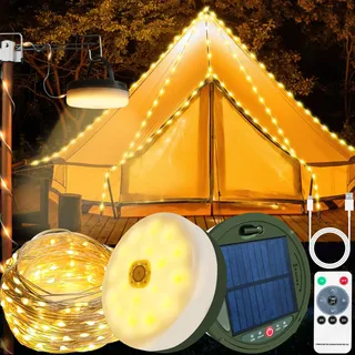 Camping Lichterkette Aufrollbar, 10M Solar Camping Lichterkette Außen, Tragbare LED Campinglampe, IP65 Wasserdichte, Wiederaufladbar über USB, Outdoor Lichterketten für Hof und Wandern