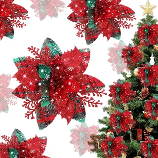 BSITSSS 10 Stück Weihnachtsbaum Deko, Weihnachtsblumen Künstlich Rot-grün Kariert, Kunstblumen Weihnachten Christbaumschmuck für Weihnachtsbaum Neujahr Ornamente