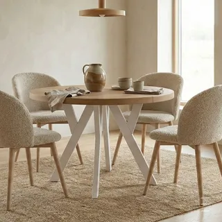 Runder Ausziehbarer Tisch für Esszimmer, PERO, Loft-Stil, Skandinavische, Durchmesser: 100 / 150 cm, Farbe: Eiche Lancelot / Weiß - Braun