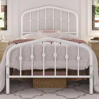 Yaheetech Bettrahmen 90x200 Vintage Metallbett mit kronenförmigem Kopfteil | Stabiles Bettgestell Einzelbett aus Metall, Robust & Leichte Montage Gästebett Jugendbett Tagesbett, Weiß