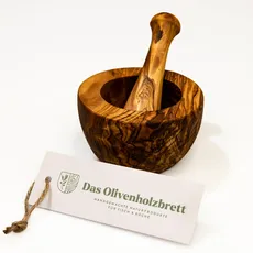 das Olivenholzbrett® Olivenholz Mörser und Stößel glatt/Olivenholzmörser SET/robuster Holzmörser/Gewürzmörser für Pfeffer, Salz, Kräuter, Nüsse etc. aus hochwertigem Hartholz - fein gemasert Ø12cm