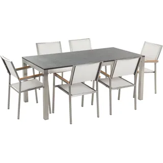 BELIANI Gartenmöbel Set Schwarz Weiß Granit Edelstahl Tisch 180 cm Poliert 6 Stühle Terrasse Outdoor Modern - Weiß, Schwarz, Silber