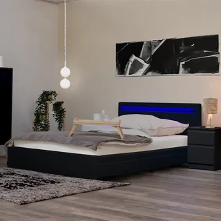HOME DELUXE - LED Bett NUBE - Schwarz, 180 x 200 cm - inkl. Matratze, Lattenrost und Schubladen I Polsterbett Design Bett inkl. Beleuchtung - Schwarz