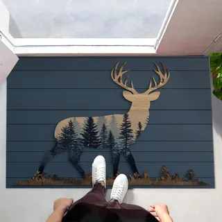 CEDNXOER Türmatten Waschbar 60x90 cm Hirsch Wald, Anti-Rutsch Schmutzfang Bodenmatte, Retro Holzmaserung Tiere Innen Haustür Matten, Dunkelblau Absorbierende Low Profile Matte für Halle Eingang