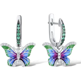 Namana atemberaubende Schmetterlings-Ohrringe für Damen. 925 Sterling Silber Ohrstecker für Frauen mit grünen und weißen Zirkonia Edelsteinen und bunten Emaille Details. Silber Ohrhänger