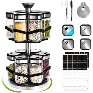 SIAZIH 360° Drehbarer Gewürzregal, Zweistöckiges Gewürzkarussell aus Edelstahl | 12 x 120ml Gewürzgläser Set mit Etiketten & Trichter, mit 3 Streuöffnungen, Praktischer Gewürzständer für Küche