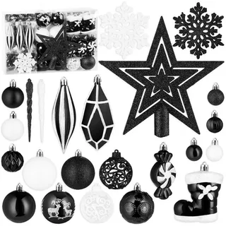 Brubaker 128 Stück Premium Christbaumschmuck - XXL Weihnachtskugel Set mit Glitzer Kugeln, Eiszapfen, Diamant Anhänger, Bonbon, Nikolaus Stiefel und Baumspitze Stern - Baumschmuck - Schwarz