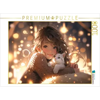 CALVENDO Puzzle Manga Illustration - Mädchen kuschelt mit Katze | 1000 Teile Lege-Größe 64 x 48 cm Foto-Puzzle für glückliche Stunden