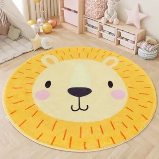 AIMECO Kinderteppich Rund 100cm | Löwe Motiv Gelb | Weicher Kaschmir-Look | rutschfest & Pflegeleicht | Spielteppich für Kinderzimmer, Mädchen Schlafzimmer & Wohnzimmer Deko