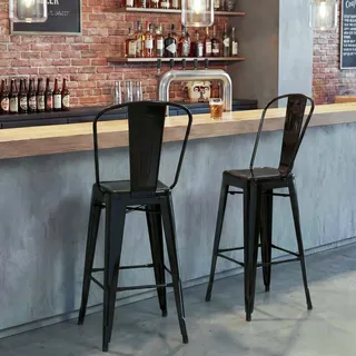 2er-Set Barhocker HWC-A73, Barstuhl Tresenhocker mit Lehne, Metall Industriedesign  schwarz - Schwarz