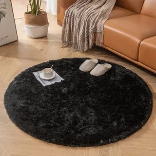 CHOSHOME Runden Teppiche Rund 150CM Weich Groß rutschfest Waschbar Teppich Wohnzimmer Hochflor Teppich Shaggy Modern Langflorteppich Schlafzimmer Kuschelig Bettvorleger Home schwarz Waschbarer