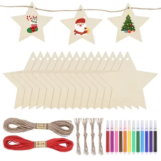 Zocipro 40 Stück Holzsterne zum Basteln, Stern Anhänger Holz zum Aufhängen und Bemalen, Weihnachtssterne Holz,Weihnachtskugeln Bemalen für Christbaumschmuck, mit 12 Farbige Stifte und Hanfseil