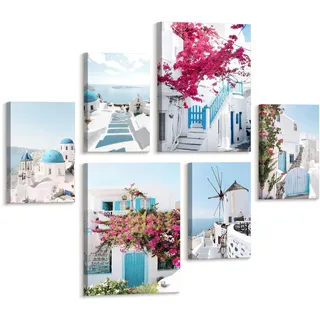 FajerminArt 6 Sets Moderne Griechische Insel Leinwand Bilder mit rahmen, Blaues Santorini Ägäisches Meer Wandbilder Wanddeko Glockenturm Rosa Blume Bild Auf Leinwand Deko für Wohnzimmer Schlafzimmer
