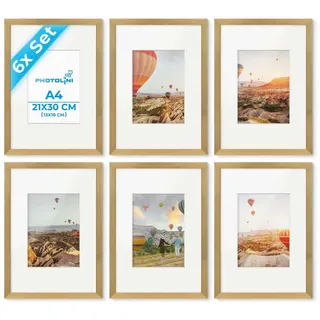 PHOTOLINI Bilderrahmen A4 Gold Holz MDF, 6er Set DIN A4 21x30 cm Rahmen | Foto Rahmen mit Passepartout zum Aufhängen & Aufstellen, Rahmen 21 x 30 mit Acrylglas, Bilderrahmen Collage 30x21 Poster