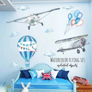 WandSticker4U®- [Aquafarben] Wandtattoo FLUGZEUG & HEIßLUFTBALLON blau (82x71 cm) I Vintage Wandsticker Teegenar Flugzeug Ballon I Wandaufkleber Jugendzimmer Kinderzimmer Deko Junge GROß