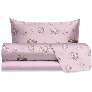 Hermet Jolly, Bettwäsche-Set für Einzelbett, Teddybär, Rosa, 100% Baumwolle, Bettlaken + Spannbetttuch + Kissenbezug, Bettwäsche-Set Bär, Kinderzimmer