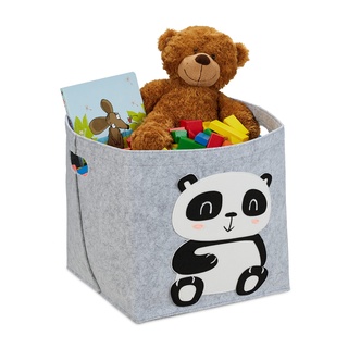 Relaxdays Aufbewahrungskorb Filz, Panda-Motiv, Filzkorb für Kinder, faltbar, HBT: 33 x 34 x 32 cm, Spielzeugkorb, grau