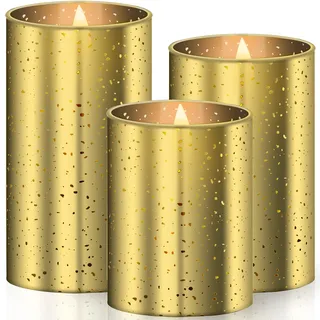 KESSER® LED Kerzen 3er Set Flammenlose Kerze Timerfunktion Timer Dimmer Echtwachskerze 10cm, 12,5cm,15cm Hoch Realistisch Flackernde Flacker-Licht Led-Flammen Echtwachs Deko Gold