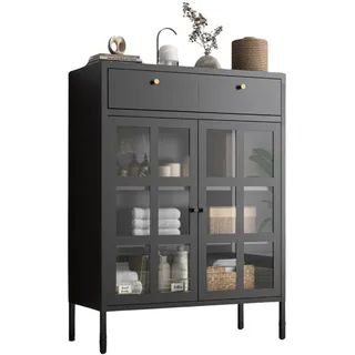 mein-regal Kommode Glasgow aus Metall mit 2 Schubladen und 2 Glastüren Schwarz - Schwarz