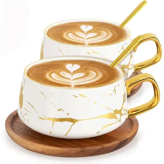 TELANKS 2er Set Cappuccinotassen mit Holzuntertassen, 300 ml Kaffeetassen | Dickwandiges Steingut für langanhaltende Wärme, Elegante Kaffeebecher für Cappuccino, Latte, Espresso und Tee,Weiß