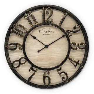 wall-art K&L Wall Art große Vintage Wanduhr industrielle Landhaus Wanduhren Holz-Metalloptik ohne Tickgeräusch lautlose Uhr (Farmhouse Clock, Ø 30cm)