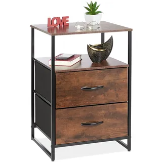 Relaxdays Nachttisch Industrial, 2 Ablagen, 2 Schubladen, Beistelltisch Holzoptik, HBT: 70 x 45 x 40 cm, schwarz/braun