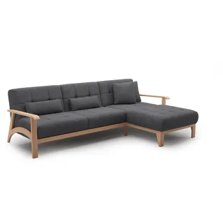 Cavadore Ecksofa Billan / Eckcouch im skandinavischen Design mit Longchair und massivem Holzgestell in Buche / 264 x 88 x 183 / Mehrfarbiger Strukturstoff, Dunkelgrau