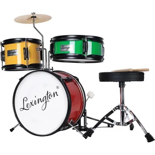 Lexington 3 PC, Schlagzeug Set mit Snare, Tom, Bass Drum, Bass Drum Pedal, Thron, Becken, Drumsticks, Rot, Gelb, Grün