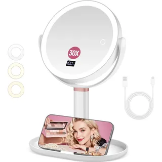 B Beauty Planet 20cm 30 Fach Spiegel, Kosmetikspiegel mit Beleuchtung Vergrößerungsspiegel mit Licht, Dreifarbiger Lichtmodus Helligkeit/Höhe Einstellbar (20cm Große Spiegel-Weiß)