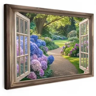 MuchoWow Leinwandbild Aussicht - Garten - Fenster - Hortensie - Blumen Wanddeko 90x60 cm , Pastellblau , Textil , Kiefer , Rechteckig , 90x60 cm , FSC 100% , gerahmt , Bilder & Rahmen, Bilder, Leinwandbilder