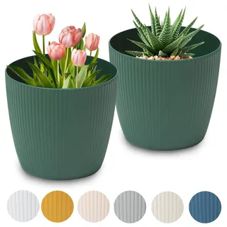 PECZEKO Matte Blumentöpfe - Deko Pflanztopf für Blumen & Kräuter - Langlebige & leichte runde Kunststoff-Pflanzentöpfe für Wohn- & Esszimmer, Küche, Terrasse, Balkon - 2er-Set - (Grün, ø 14 cm)