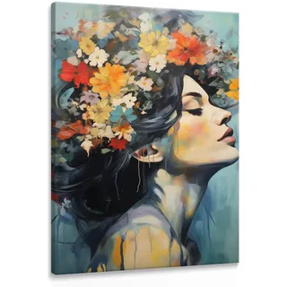 Muralo Leinwandbild Frau Porträt Gesicht Blumen 70x100 , Rot, Blau, Grün, Schwarz, Weiß, Beige, Orange, Grau , Textil , Floral, Person/Charakter , Rechteckig , 70x100 cm , Bilder & Rahmen, Bilder, Leinwandbilder