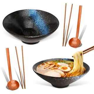 HOMIKLSA Ramen Schüssel Keramik, 2 Sets Ramen Bowl mit Löffel und Essstäbchen, 1000ml Ramen Bowl Japanische Suppenschalen Rührschüsseln für Nudeln Getreide Salate Japanisches Geschirr