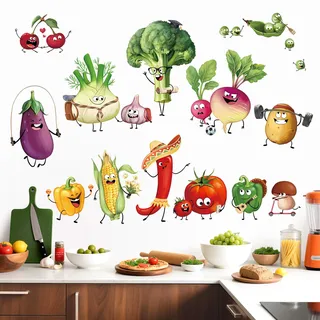 decalmile Wandsticker Küche Cartoon Gemüse Obst Wandtattoo Lustig Lebensmittel Tomate Brokkoli Wandaufkleber Esszimmer Kühlschrank Schrank Wanddeko