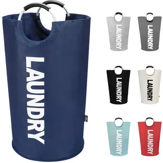 DOKEHOM 90L Große Wäschetasche, Faltbarer Wäschekorb, Dunkelblau | Freistehender hoher Wäschebehälter & faltbarer Wäschesack. Großer Kleider-Aufbewahrungskorb mit stabilen Griffen