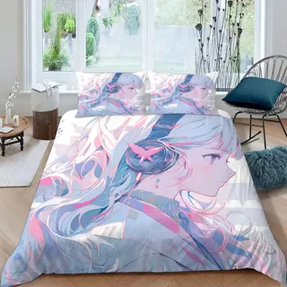 DILANI Bettwäsche 135x200 Kinder Anime Mädchen 3D Bettwäsche-Set 3 Teilig Japanische Manga-Kawaii Weiche Microfaser Bettbezug mit Reißverschluss und Kissenbezug 80x80cm für Mädchen Jungen Kinder