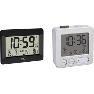 TFA Dostmann Wanduhr digital, 60.4519.01, Funkuhr mit Innentemperatur & 60.2545.54 Digitaler Funk-Wecker, Kunststoff, Weiß/Silber, L 66 x B 22 x H 68 mm