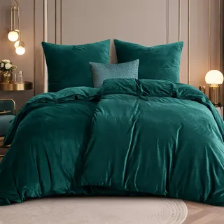 RUIKASI Flanell Bettwäsche 135 x 200 4teilig Grün - Warm Winter Bettwäsche Kuschel Plüsch Fleece Bettbezug Sets mit 2 Kissenbezüge 80x80cm