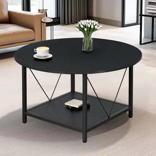 YITAHOME Runder Couchtisch, 80x80x46cm Rustikaler Wohnzimmertisch aus Holz für Wohnzimmer mit Ablage, Moderner Bauernhaus Couchtisch mit Stabilen Metallbeinen, Heimmöbel