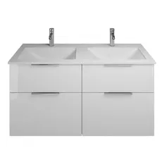 Burgbad Eqio Mineralguss-Doppelwaschtisch inklusive Waschtischunterschrank, Breite 1220 mm, SEYW122, Farbe (Front/Korpus): Weiß Hochglanz / Weiß Glänzend, Griff Chrom G0146