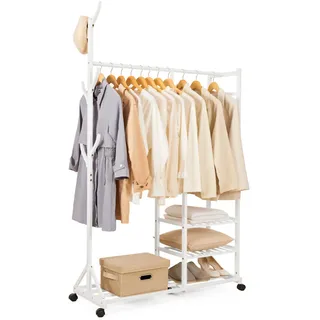 Yorbay Garderobenständer Bambus Kleiderständer mit Rollen, mit Kleiderstange, 3 Ablagen und 6 Haken, Baumform, 100 x 38 x 176 cm (Weiß)