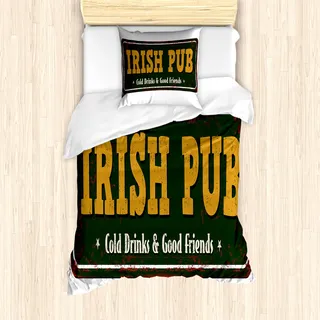 ABAKUHAUS Irish Pub Bettbezug Set für Einzelbetten, Vintage Grunge-Bar-Zeichen, Milbensicher Allergiker geeignet mit Kissenbezug, 135 cm x 200 cm - 80 x 80 cm, Dunkelgrün Dunkelgelb - dunkelgrün
