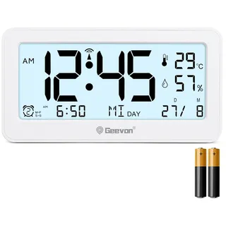 Geevon DCF Digital Wecker, Funkwecker mit Temperatur/Luftfeuchtigkeit LED Anzeige, zwei Weckeroptionen, einfacher, Betrieb dekorativer Clock für Schlafzimmer Tisch und Wohnraum (347 Weiß mit Batterie)